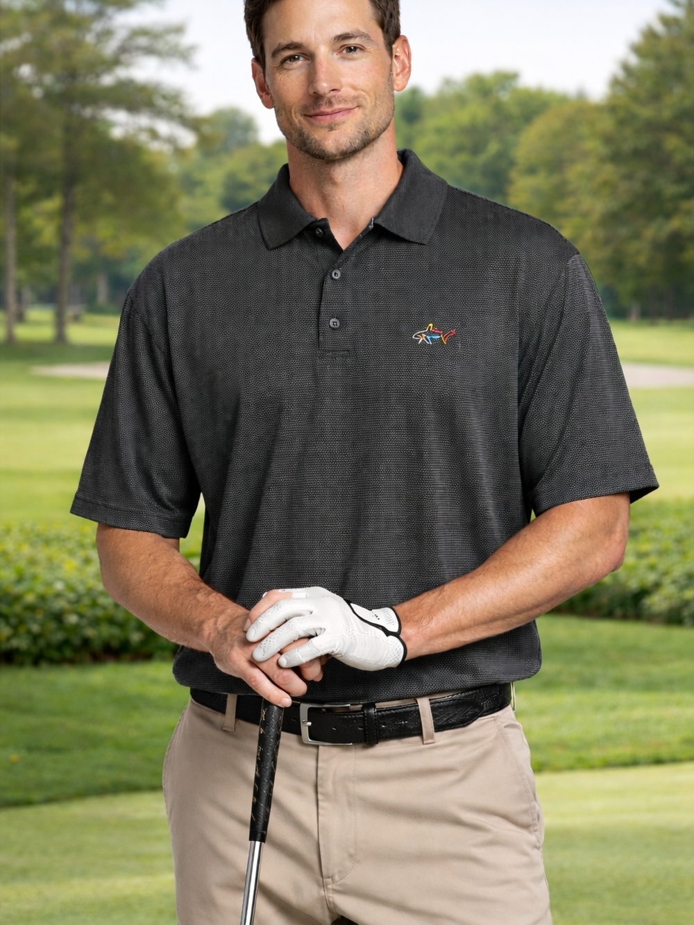 NEW Greg Norman Polo Shirt Men's XL Dk Grey Polyester Play Dry Shark Logo Golf